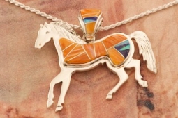 Calvin Begay Genuine Spiny Oyster Shell Sterling Silver Horse Pendant